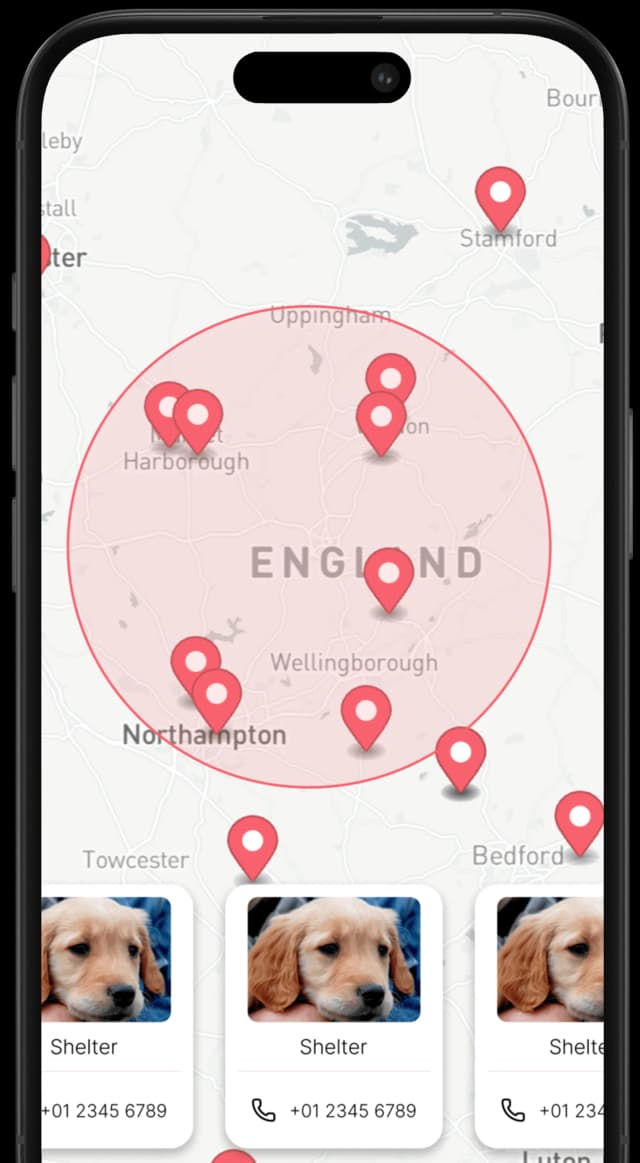 Map interface highlighting nearby vets and animal shelters with contact details and photos, indicating locations notified when a pet is reported missing.