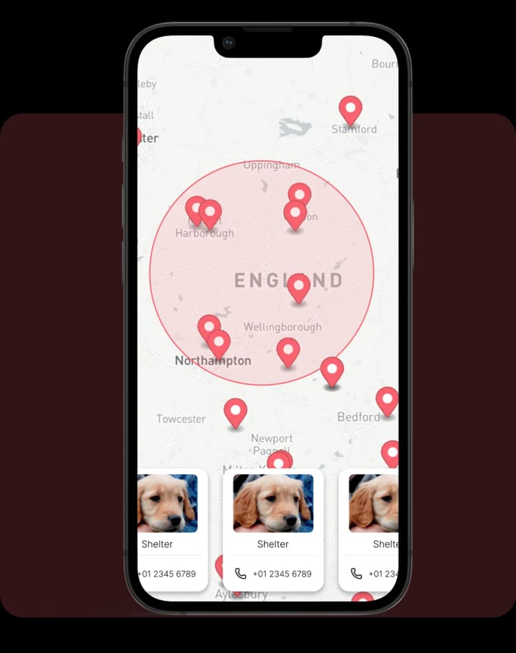 Showing nearby vets and shelters to alert when pet goes missing