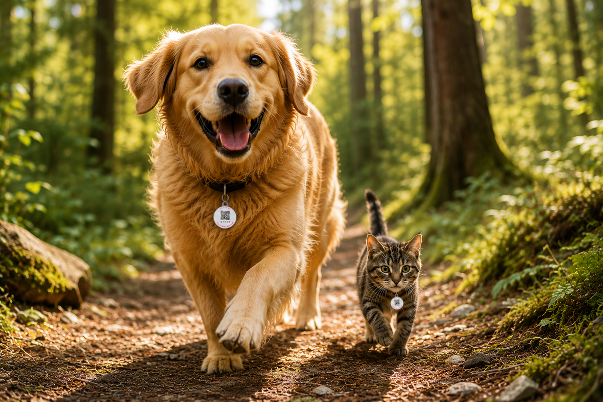Golden Retriever and tabby cat wearing scannable QR pet tags walking on a forest path.