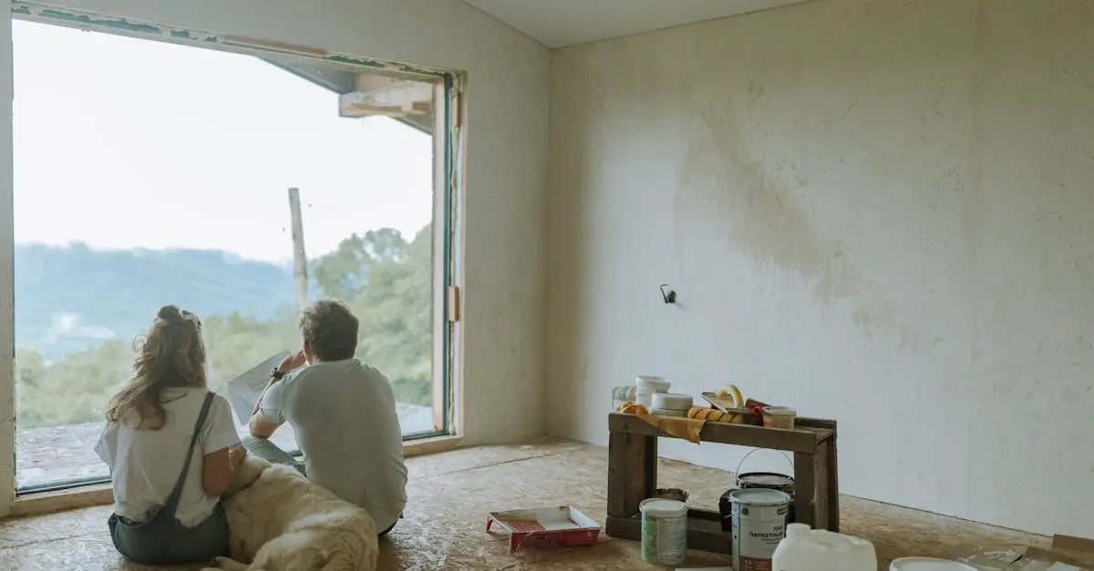 Couple and dog sitting by large window in unfinished room with paint supplies, home safety theme.