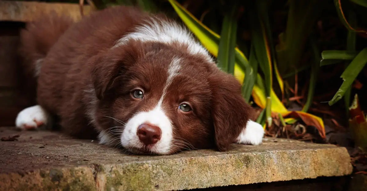 Brown and white puppy lying on stone step outdoors, looking sad, lost pet concept