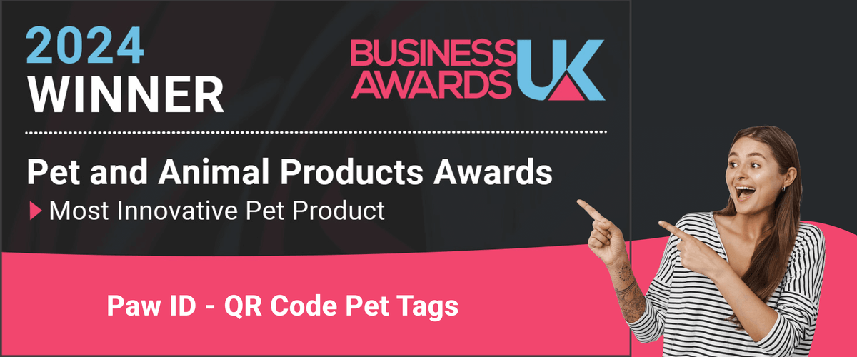 2024 pet product award banner with woman pointing at Paw ID QR code pet tags