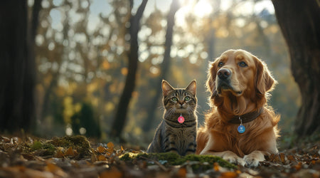 Cat and dog wearing smart QR pet tags sitting in autumn forest outdoors