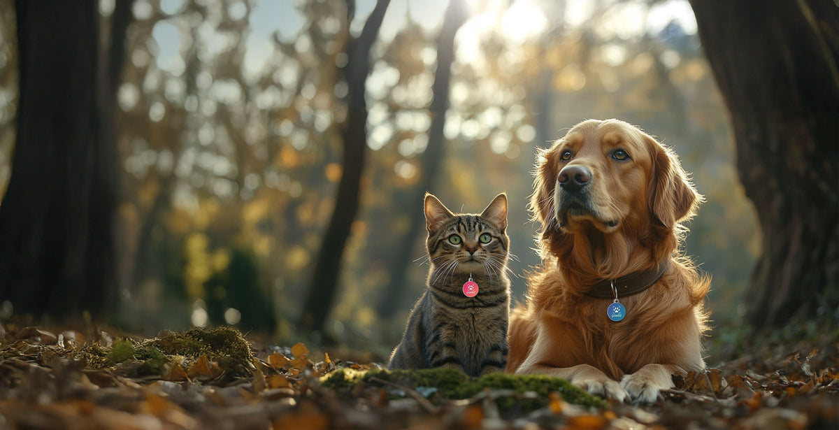Cat and dog wearing smart QR pet tags sitting in autumn forest outdoors