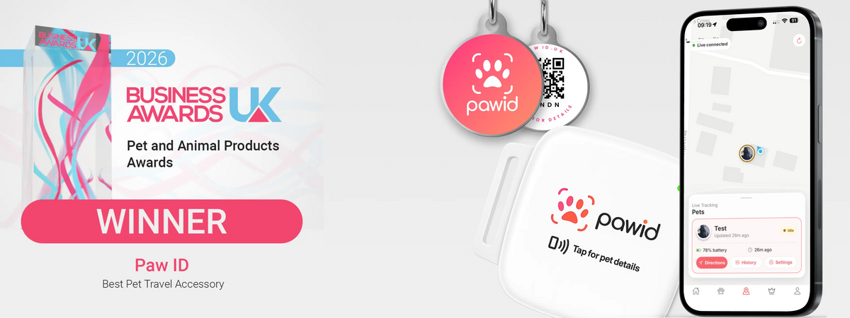 Paw ID smart QR pet tag and app winning the 2026 Business Awards for Best Pet Travel Accessory.
