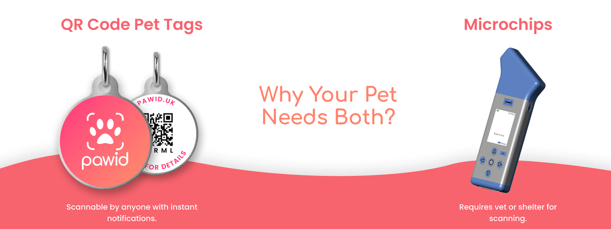 Comparison of QR code pet tags and microchips for pet identification, showing benefits of both.