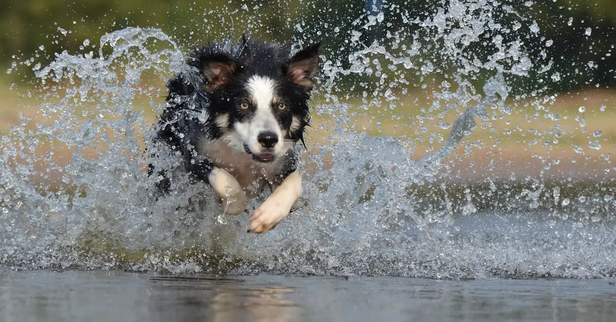 Black and white dog running through water outdoors, splashing in natural setting