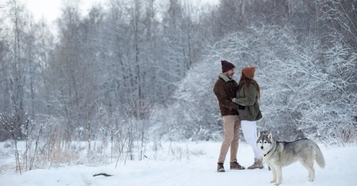Couple standing in snowy forest with grey husky dog wearing a smart pet tag