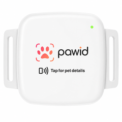 White pet GPS tracker with pawid logo and text on a white background