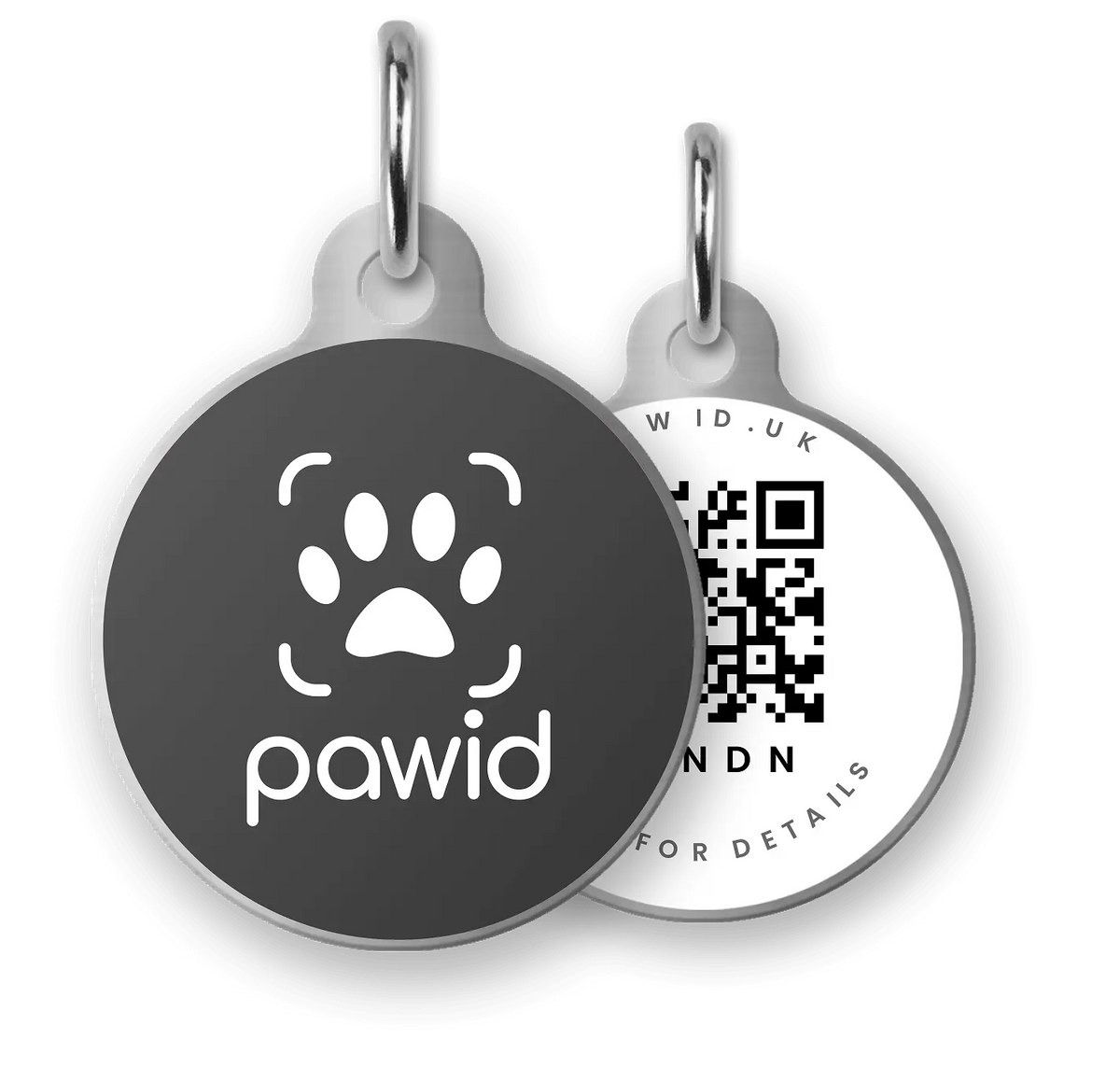 Black smart QR code dog tag with paw print and scannable code for pet identification
