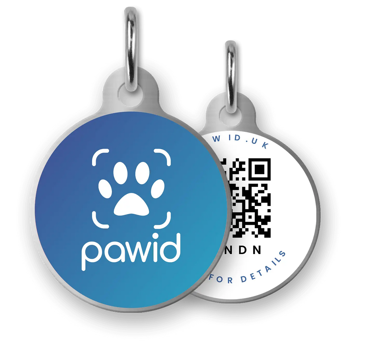 Blue smart pet tag with paw logo and QR code, scannable dog ID keyring.