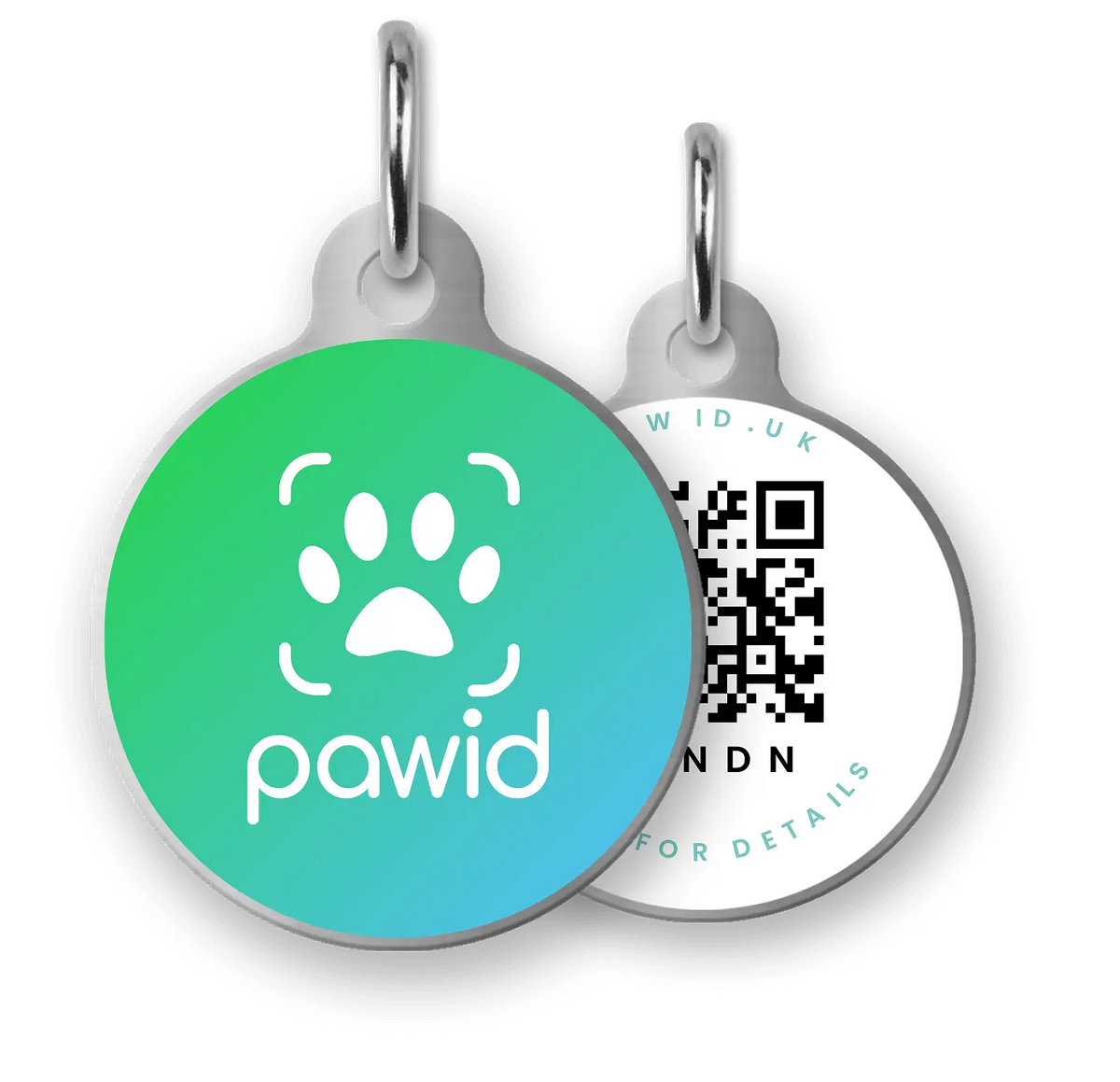 Green QR code smart dog tag with paw print logo and scannable pet ID features.