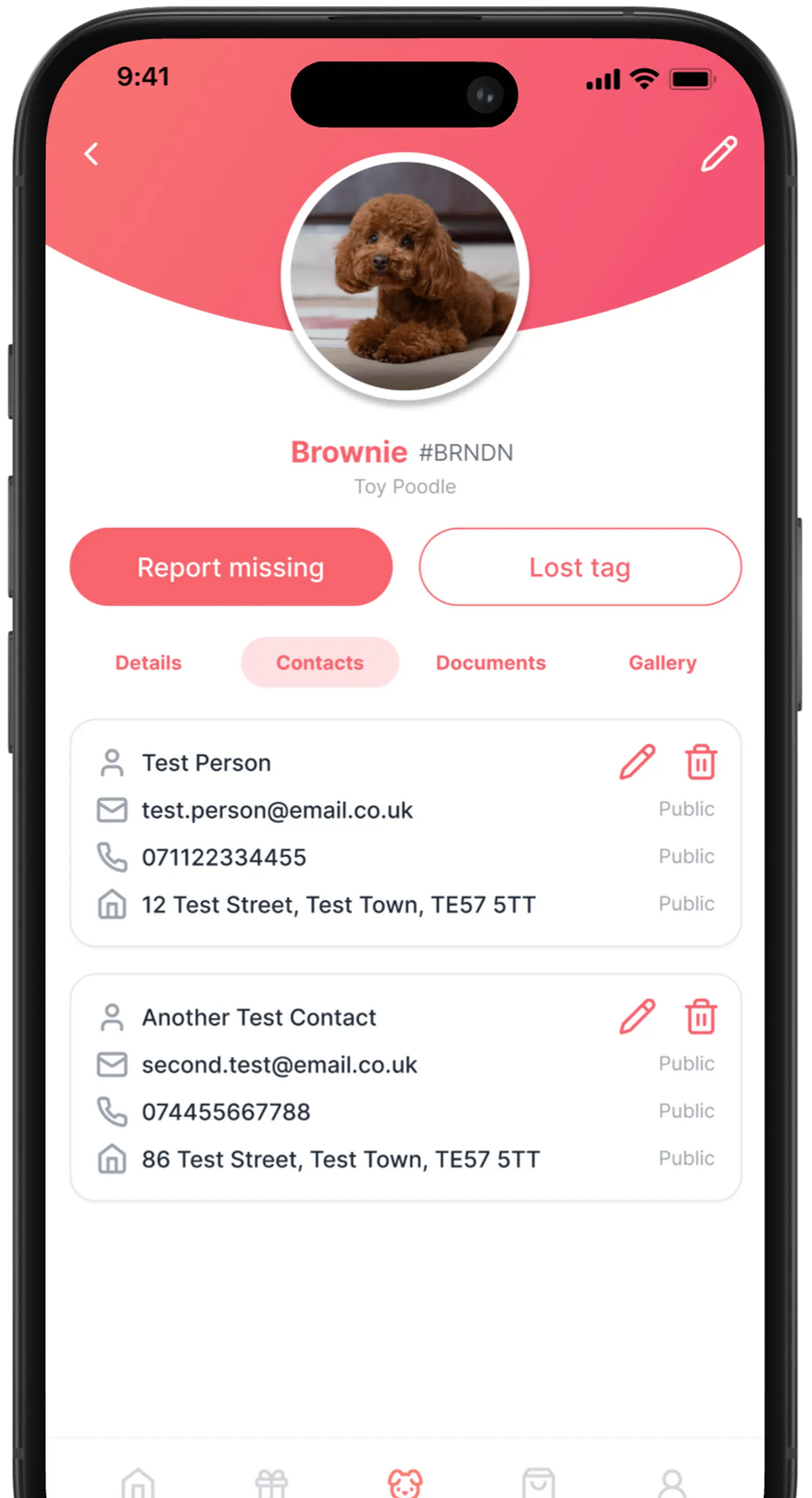 Pet profile app screen showing contact details and report missing feature for a Toy Poodle.