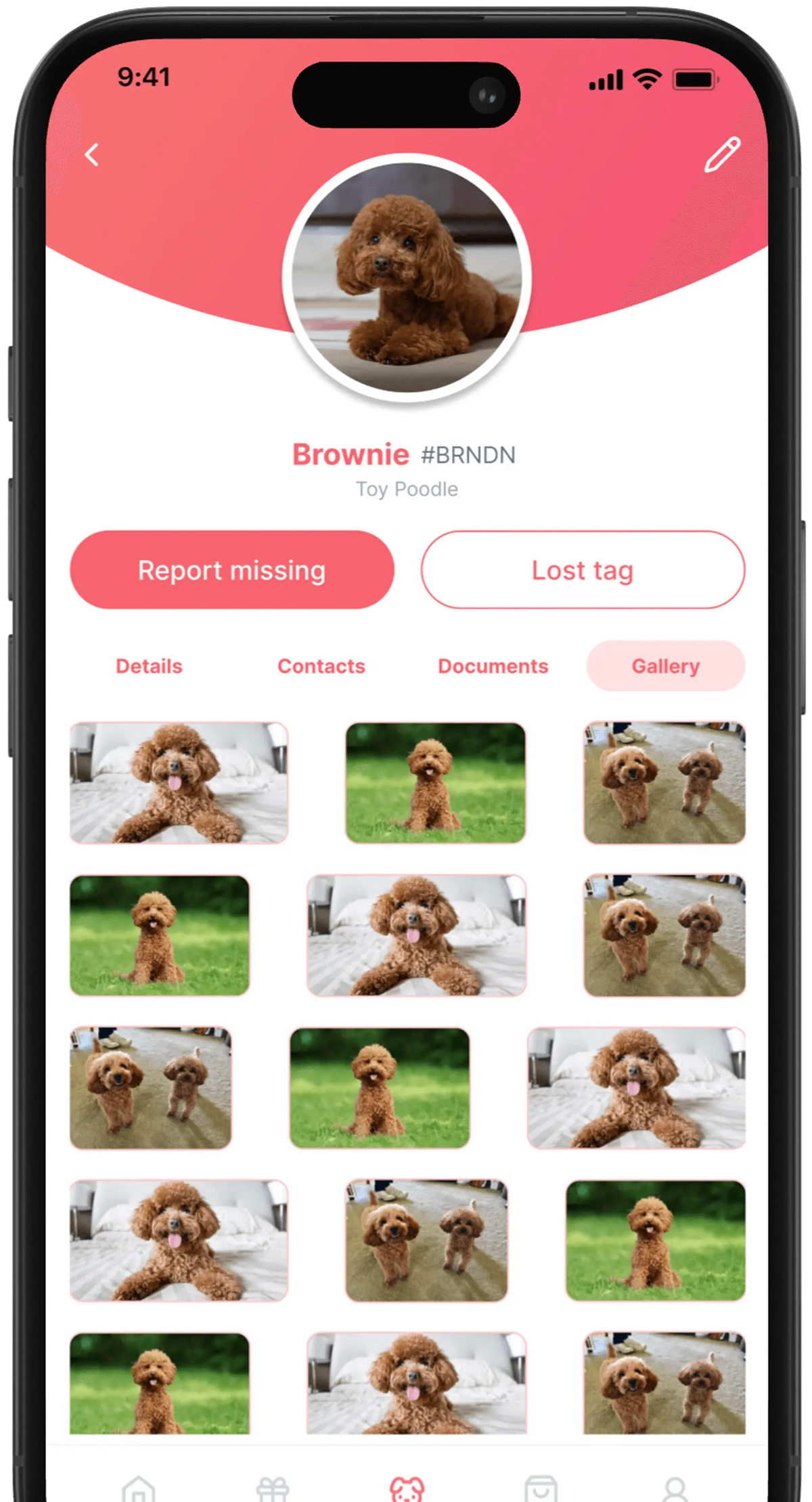 Pet profile app screen showing a toy poodle photo gallery and options for lost pet alerts