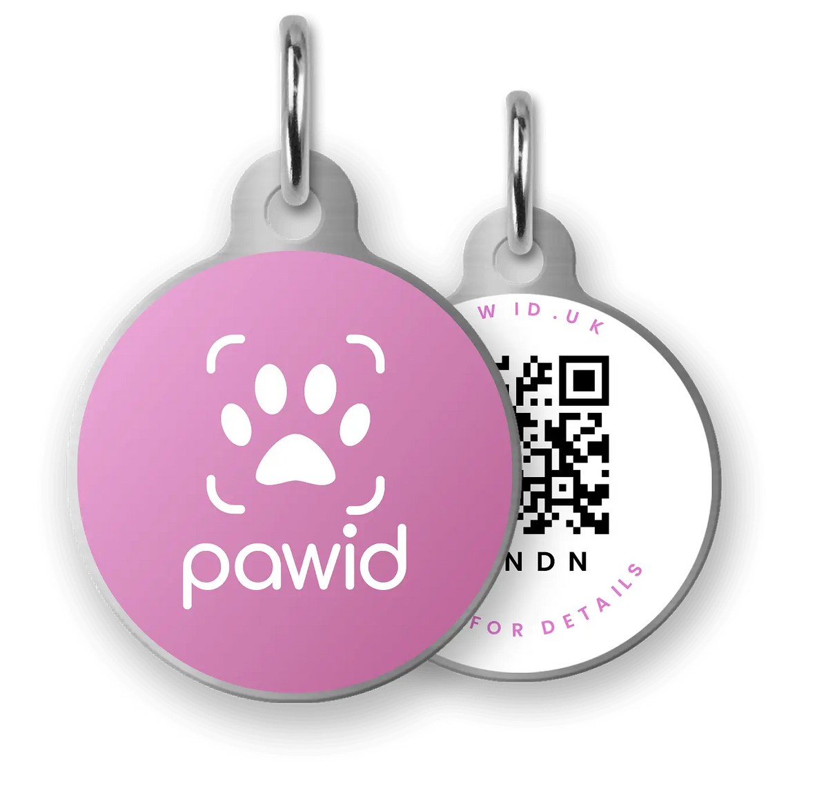 Pink smart QR code pet ID tag with paw print design and metal ring attachment