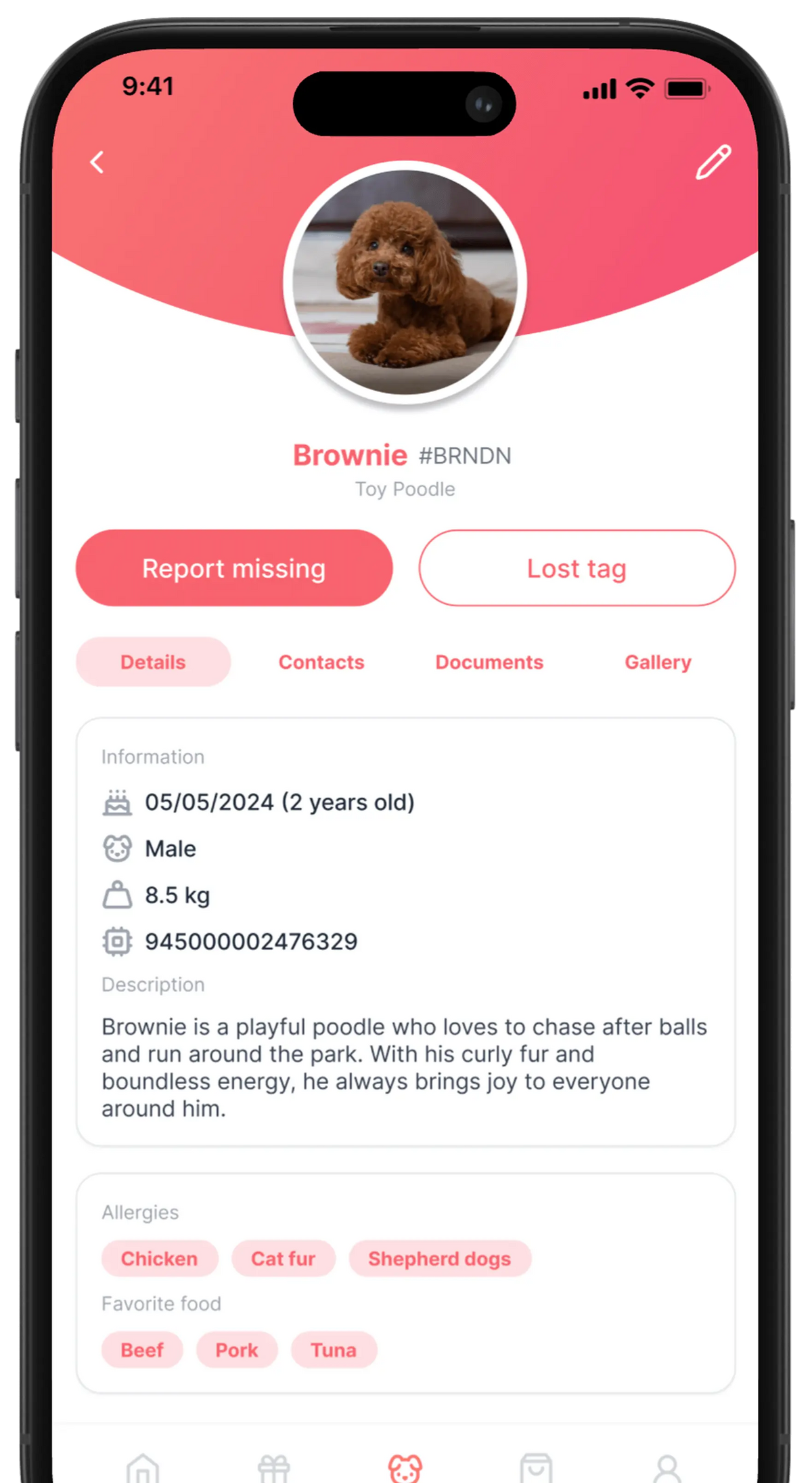 Mobile app screen showing a digital pet profile with photo, info, and allergy details for a dog