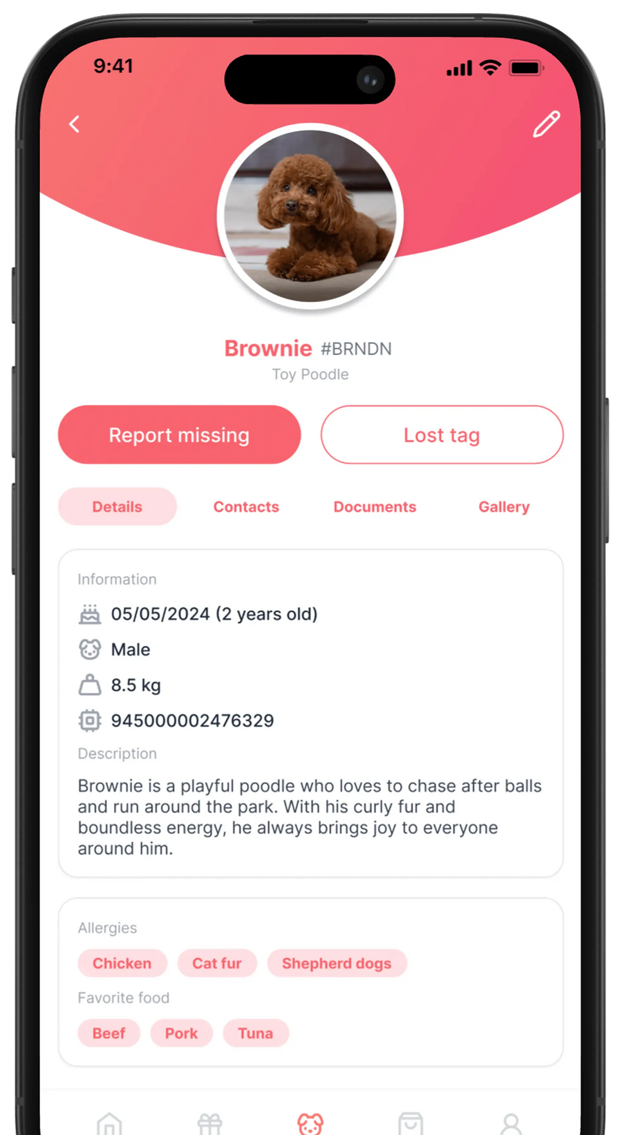 Paw ID digital pet profile showing public pet details on a mobile screen