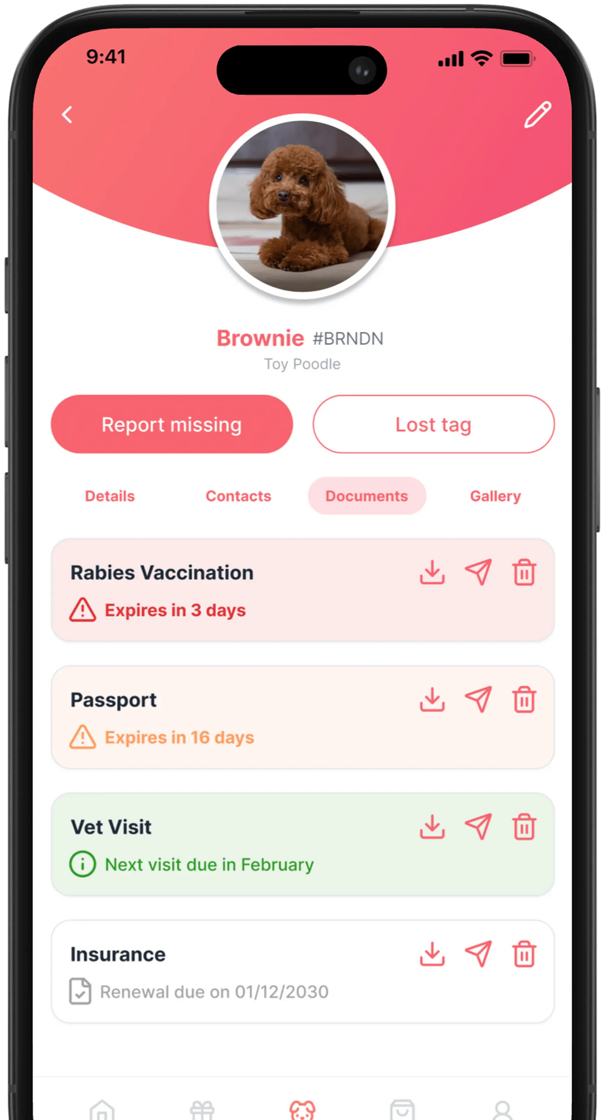 Pet profile app interface on smartphone showing dog photo, vaccination, vet, insurance details.