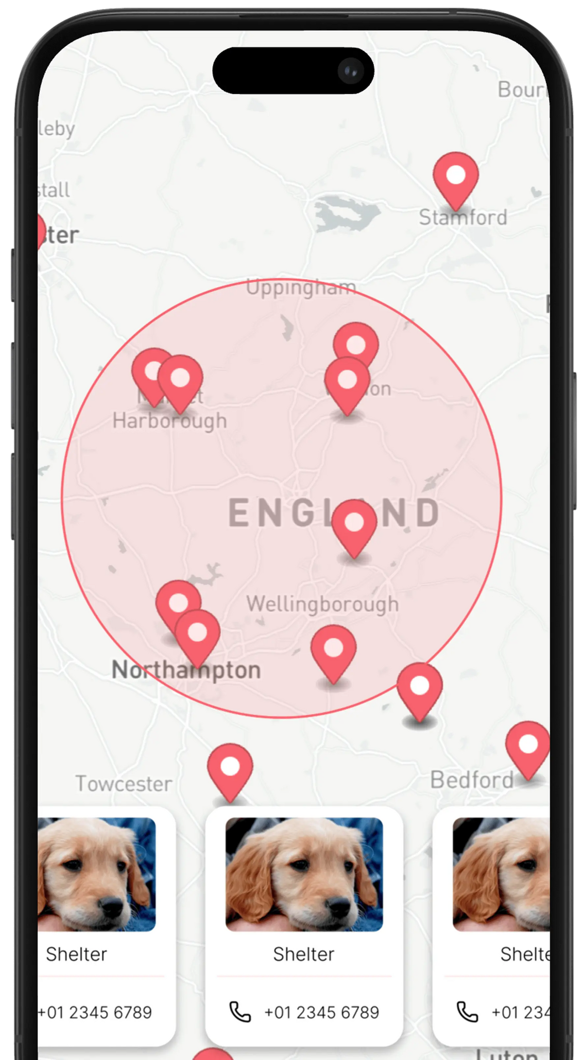 Smartphone displaying pet shelter locator map with dog images and contact details for lost pets in England.