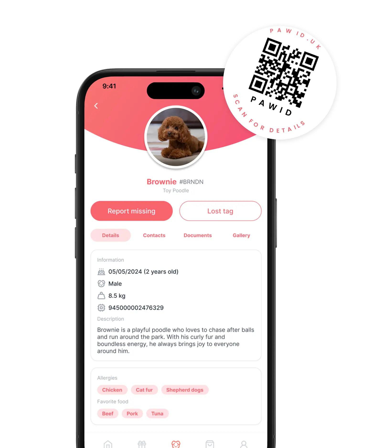 Paw ID QR code dog tag in multiple colours
